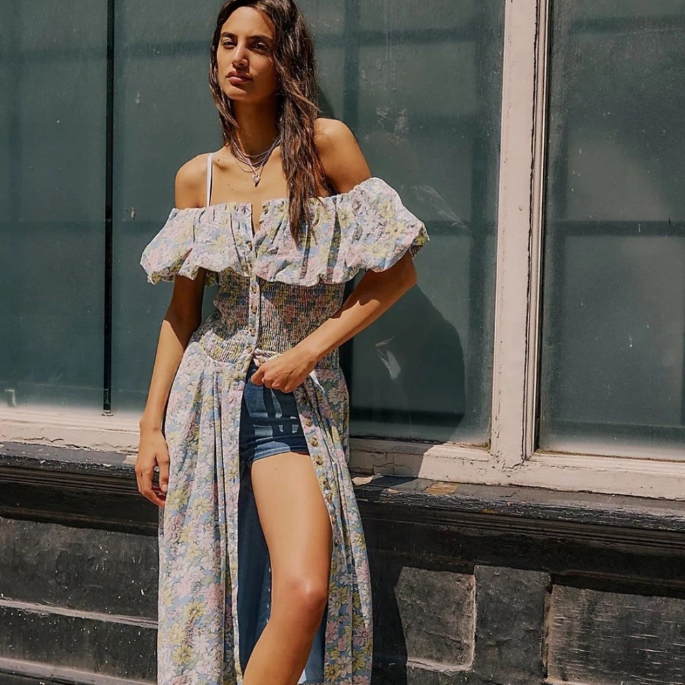 Free People Lewis Maxi Dress Cottagecore Floral Size Small Smocked Off Shoulder